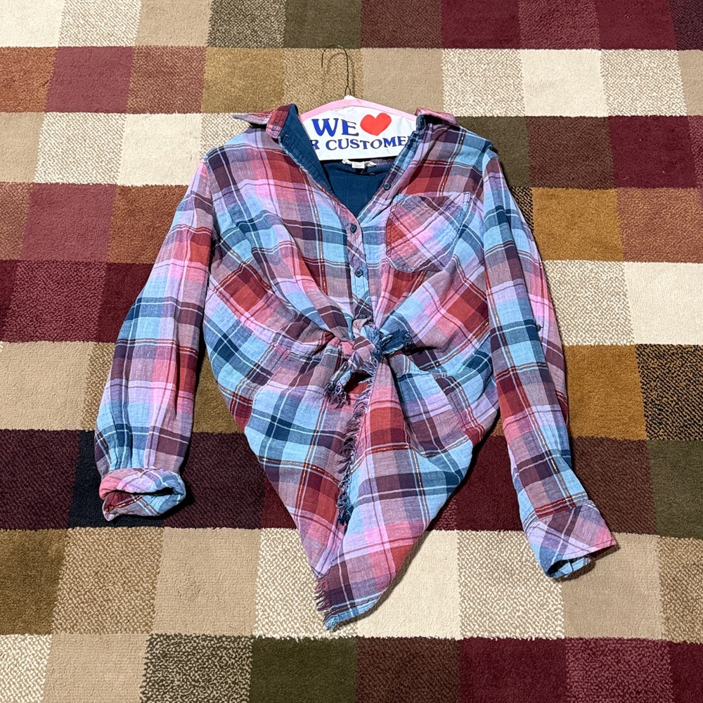 Plaid Button-Up Shirt with Fringe